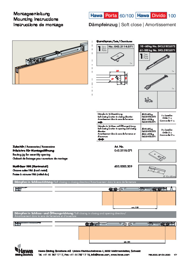 HAWA SoftClose mechanism for Porta and Divido 60/100 systems. Mounting instructions