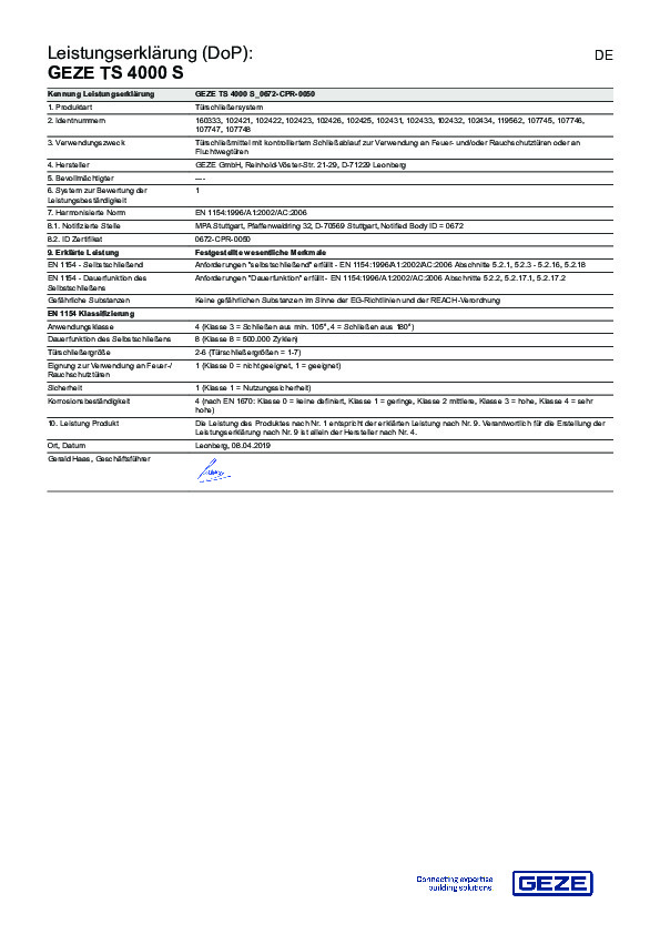 GEZE TS 4000 S - Declaration of performance