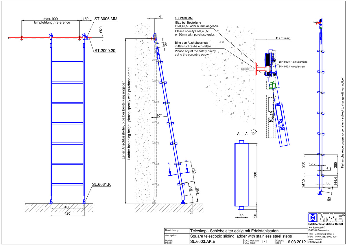 SL.6003.AK MWE AKZENT TELESKOP sliding ladder with stainless steel steps - technical information