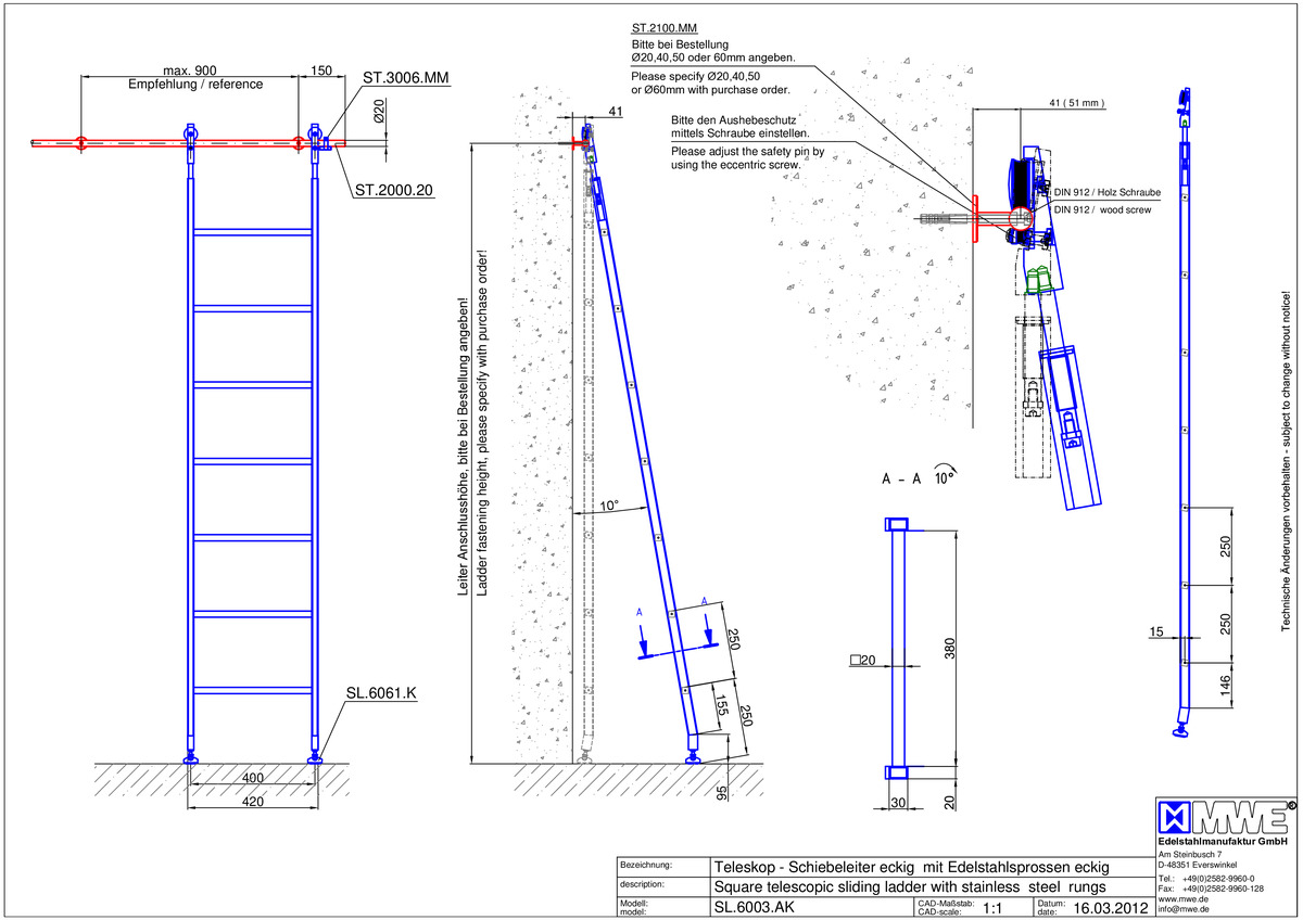 SL.6003.AK MWE AKZENT TELESKOP sliding ladder with stainless steel rungs - technical information