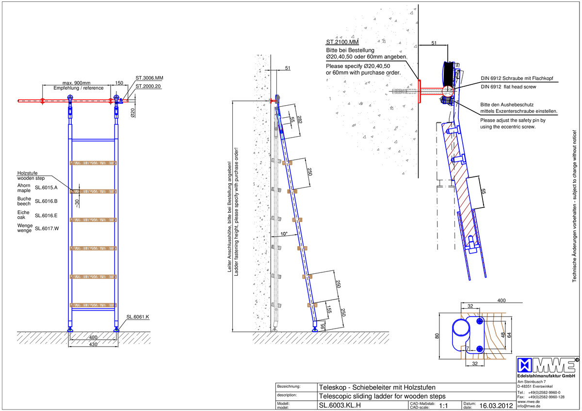 MWE KLASSIK TELESKOP SL.6003.KL - sliding ladder with wooden steps - technical data
