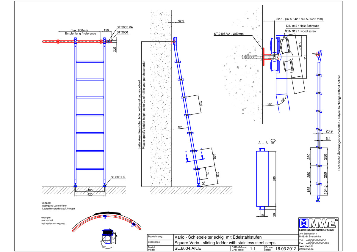 SL.6004.AK MWE AKZENT VARIO sliding ladder with stainless steel steps - technical information