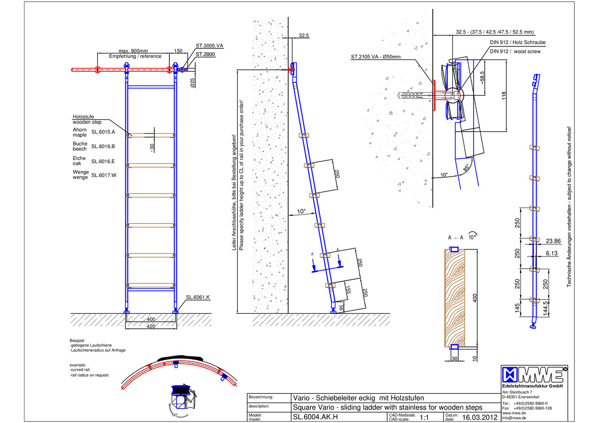 SL.6004.AK MWE AKZENT VARIO sliding ladder with wooden steps - technical information