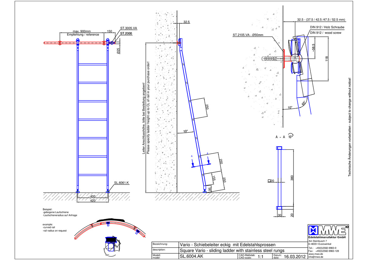 SL.6004.AK MWE AKZENT VARIO sliding ladder with stainless steel rungs - technical information