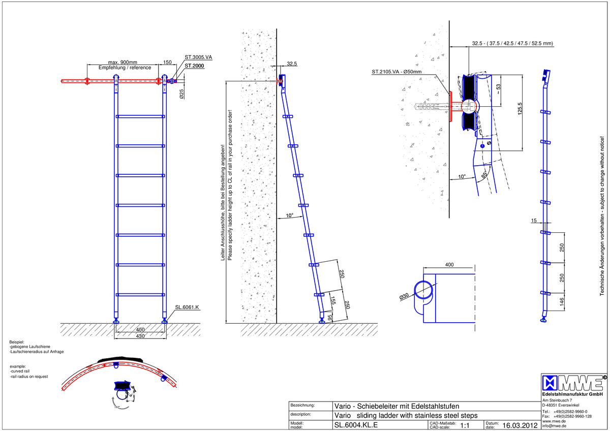 MWE KLASSIK VARIO SL.6004.KL sliding ladder with stainless steel steps - technical information