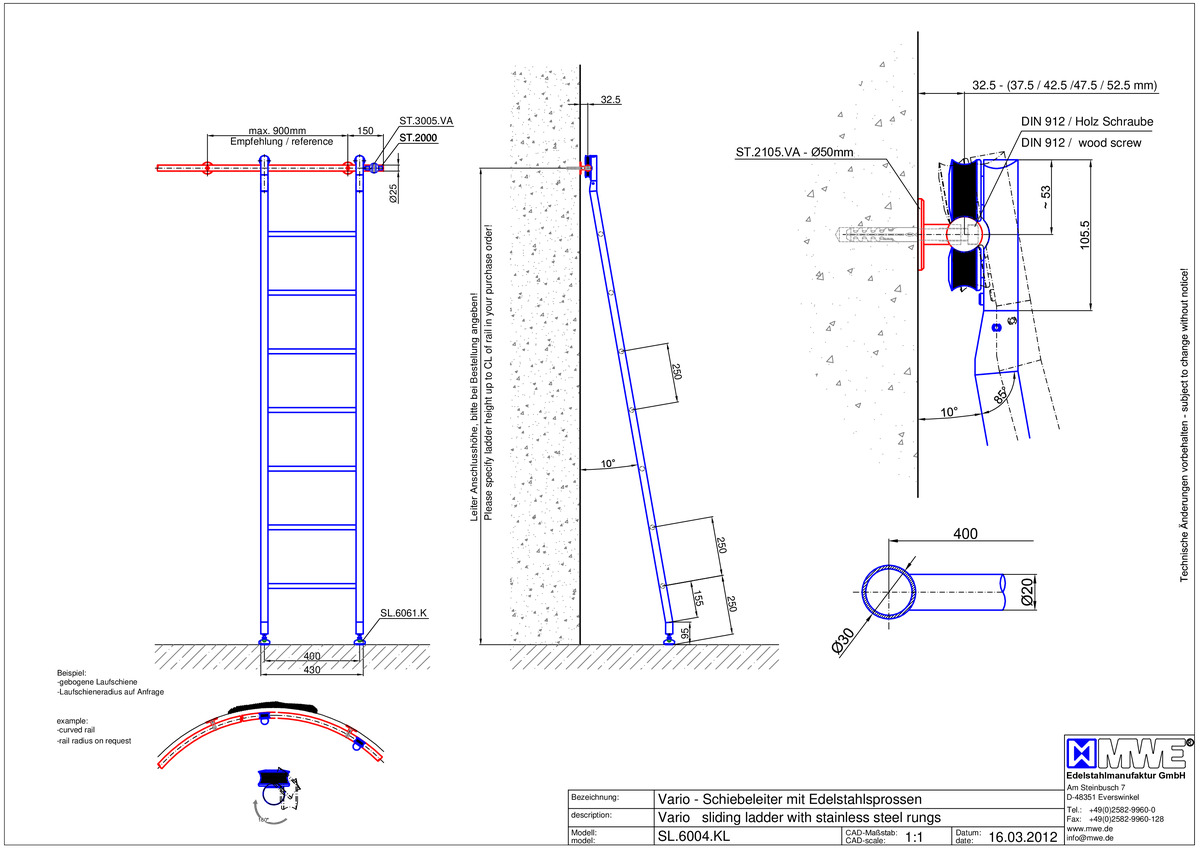 MWE KLASSIK VARIO SL.6004.KL sliding ladder with stainless steel rungs - technical information