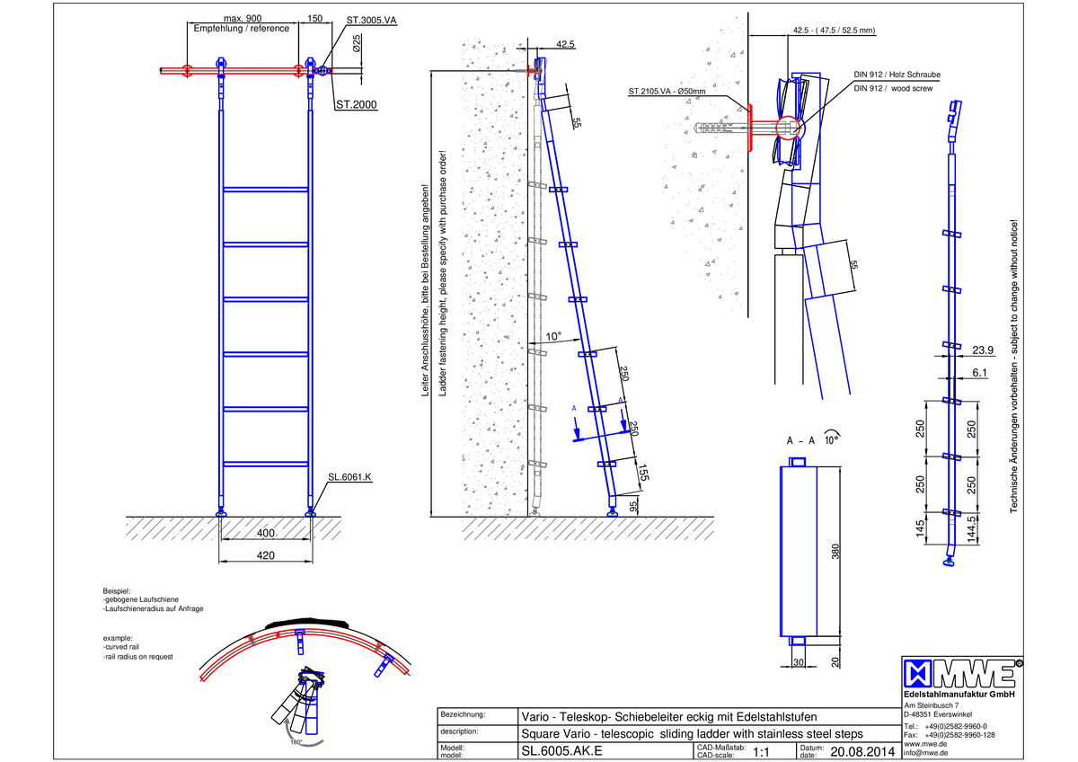 SL.6005.AK MWE AKZENT TELEVARIO sliding ladder with stainless steel steps - technical information