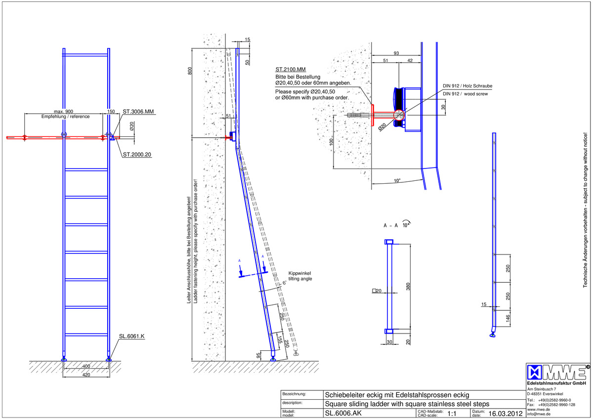 SL.6006.AK MWE AKZENT TANGENS sliding ladder with stainless steel rungs - technical information