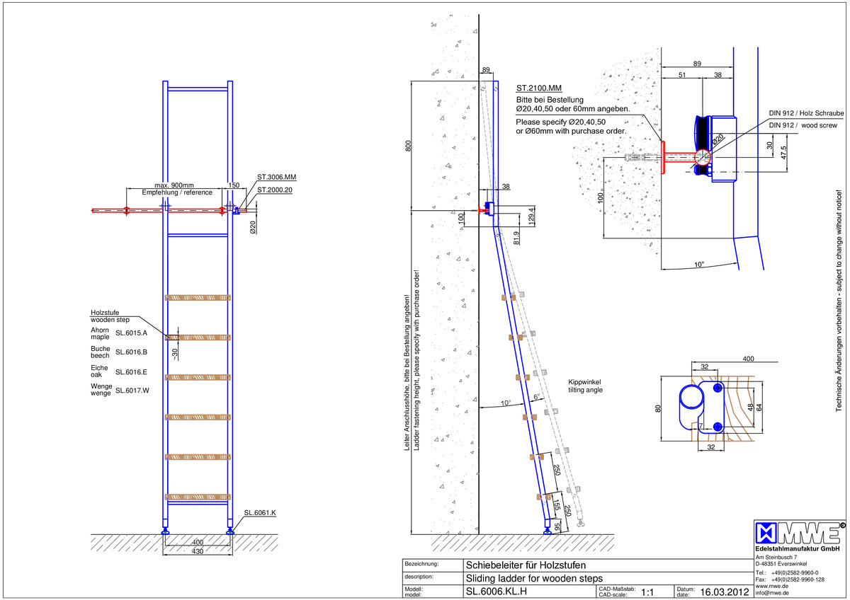 SL.6006.KL MWE KLASSIK TANGENS sliding ladder with wooden steps - tehcnical information