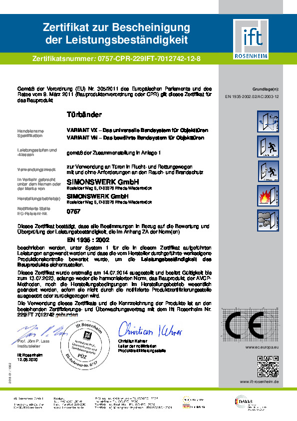 Certificate of Constancy of Performance for VARIANT VN/VX Object Hinges 0757-CPR-229IFT-7012742-12-8 (DE)