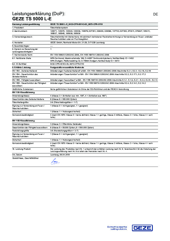 GEZE TS 5000 L-E - Declaration of performance