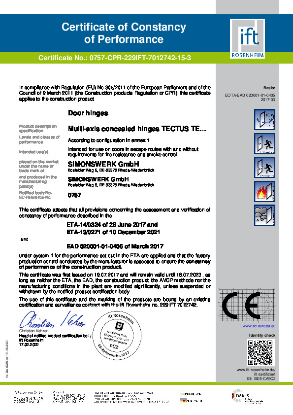 IFT certificate of operation for TECTUS hinges
