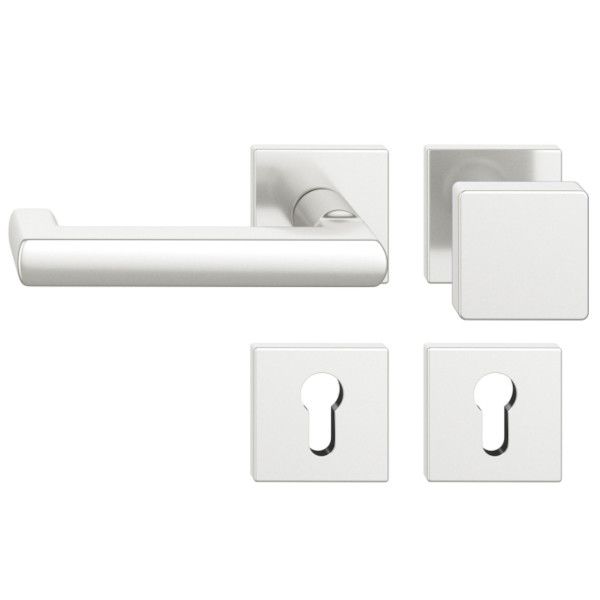 79 1031 Uksenupu komplekt nelinurksetel rosetidel PZ, tuletõkkeustele, naturaalne alumiinium toon F1, VASAK