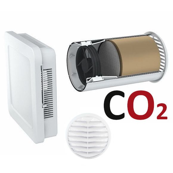 AEROTUBE WRG SMART aktiivne ventilatsiooniseade elektrilise õhuklappide ja CO2-anduriga, koos ilmastikukaitse restiga, PVC, valge