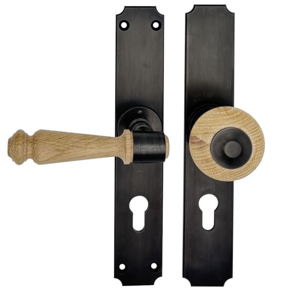 Security backplates with wooden handle and knob, PZ72/8 mm, blackened, HAND MADE