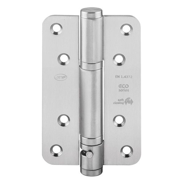 Spring hinge with soft closing and 90° fixation, brushed stainless steel