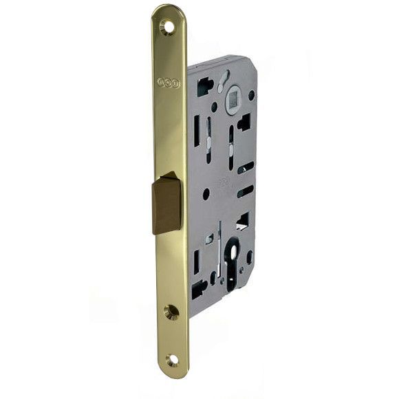 Mortise lock AGB EVO with PVC latch, PZ 50/85/18mm, face plate polished brass