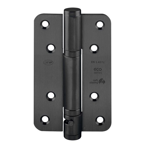Spring hinge with soft closing and 90° fixation, black stainless steel