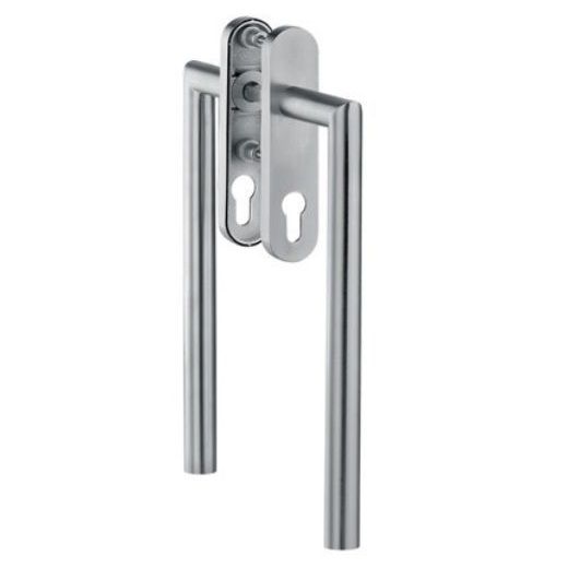 Balcony door handle, locking, oval backplate, stainless steel