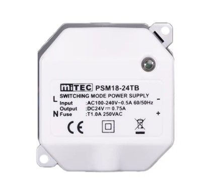 MiTEC PSM18 Lülitusrežiimil töötav toiteallikas 100–240 V / 12 V DC, 1,5 A, paigaldamiseks ühenduskarpi | UKSELINGIDPLUSS.ee