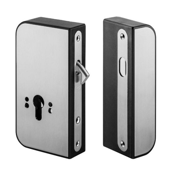 SM.037 Lock for sliding cabinet doors to use with european cylinder, strike plate included, stainless steel satin