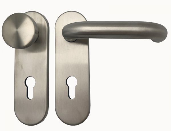 Door handle set TARGA/K-103 with knob K7 and short backplates PZ 8/72, stainless steel