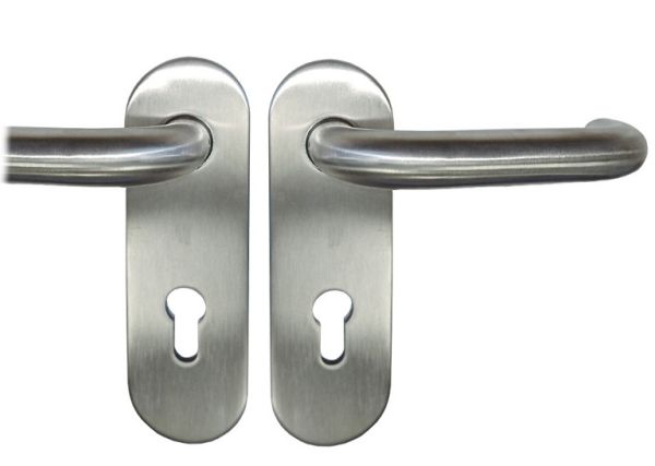 Fire safety door handle set TARGA/K-103 FS with knob and short backplates PZ 9/72, stainless steel